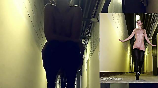 Naked challenge at factory hallway